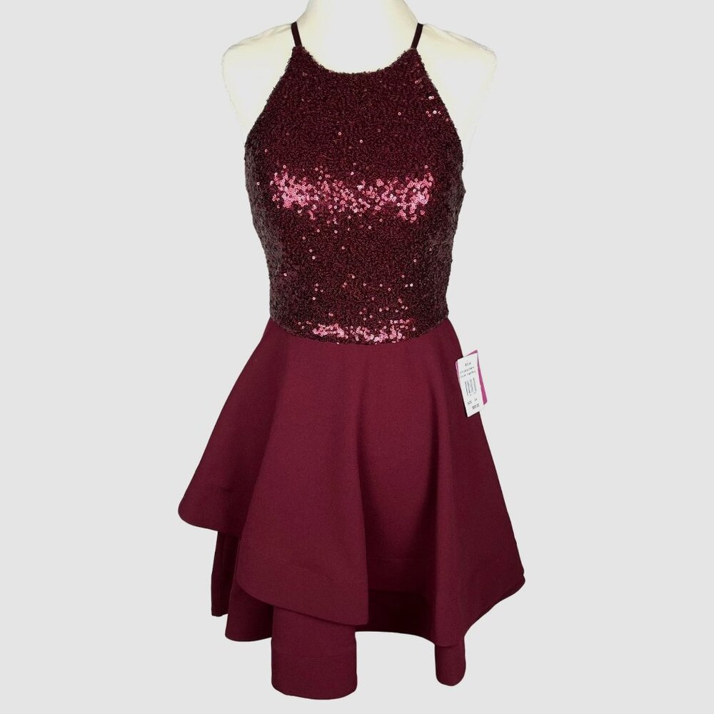 B. Darlin Formal Short Fit & Flare Dress Sequined Maroon Sz. 3/4